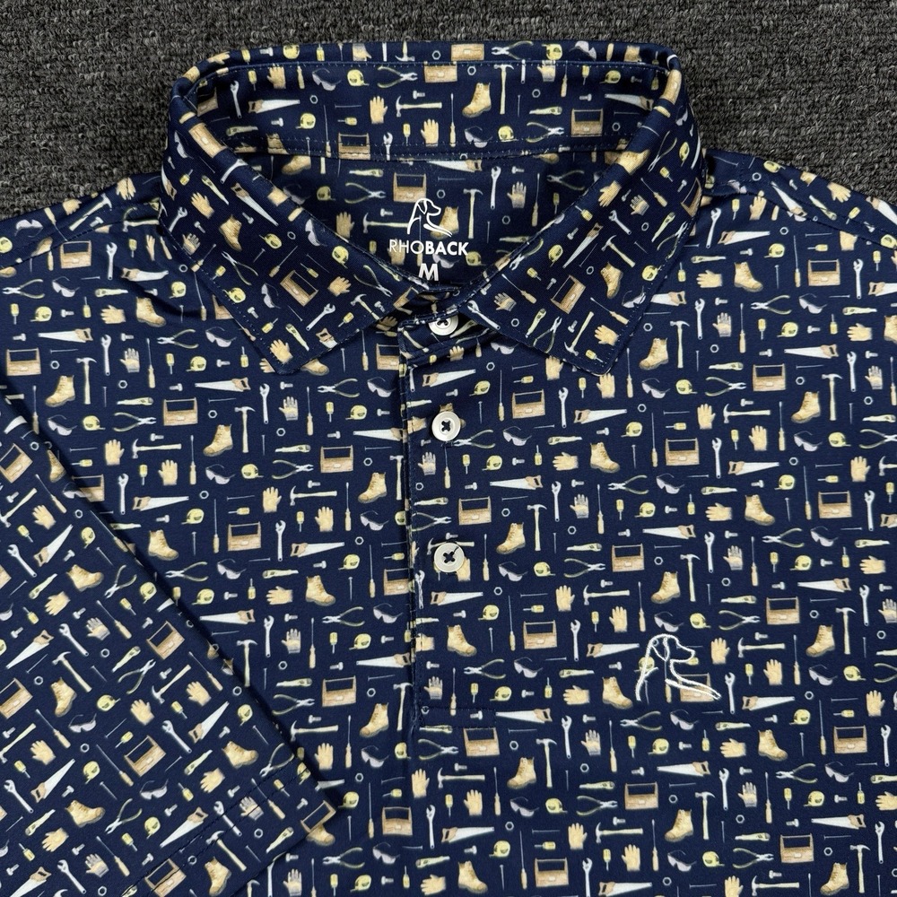 Rhoback The Handyman Performance Golf Polo Shirt Mens Medium Blue Tools Print